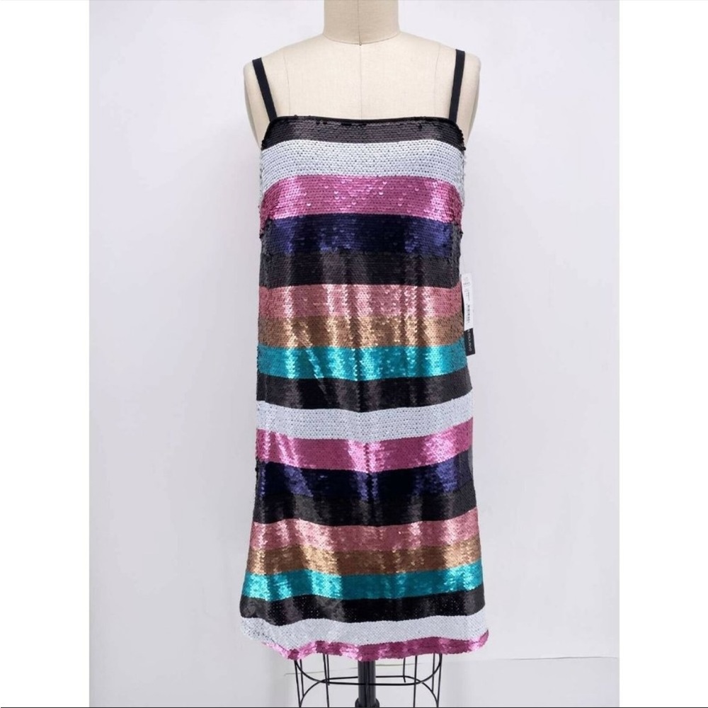 Aqua Luxe Womens Shift Dress Black Striped Lined Square Neck Sequin